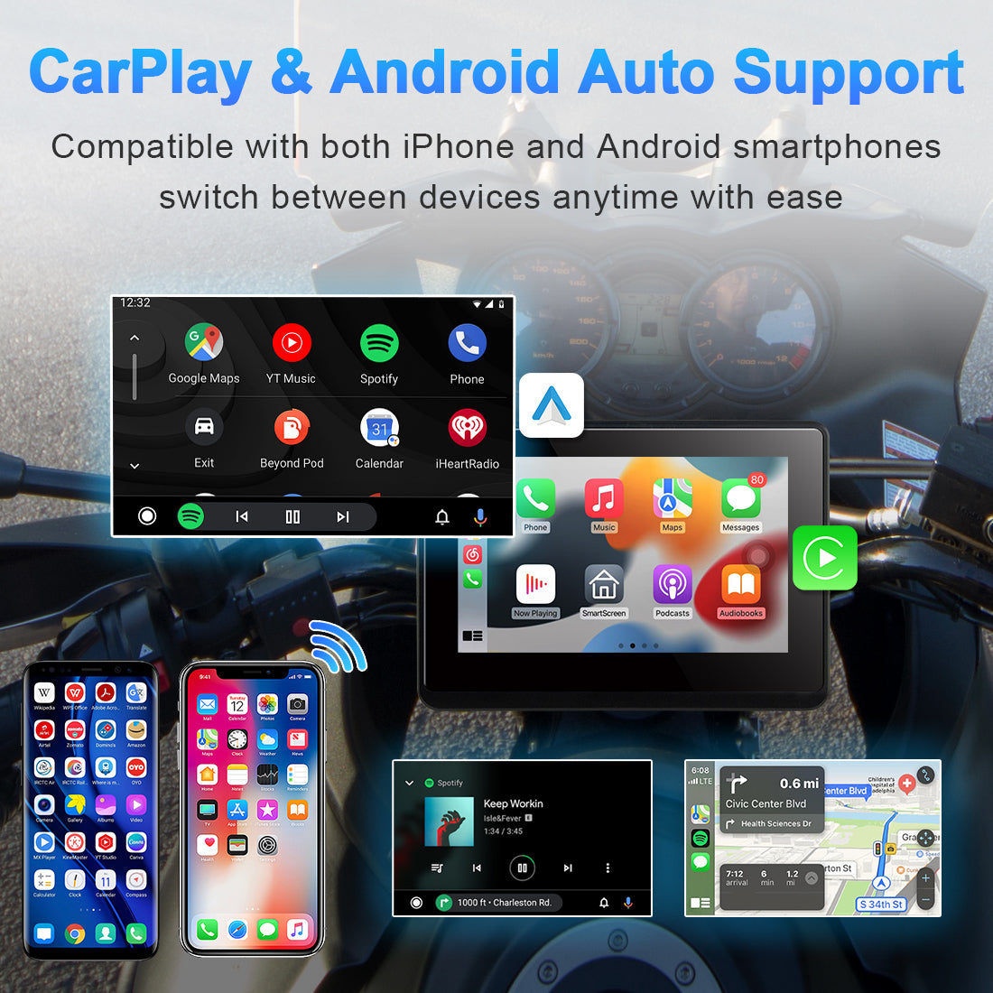 Linkifun MT1A motorcycle screen with wireless Apple CarPlay and Android Auto support for hands-free navigation, music, and calling