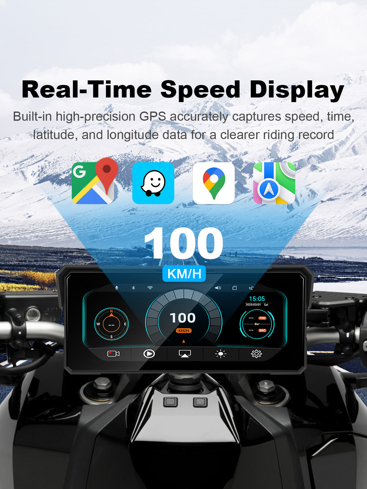 Linkifun MT81 motorcycle navigation screen showing real-time GPS speed, time, latitude, and longitude data