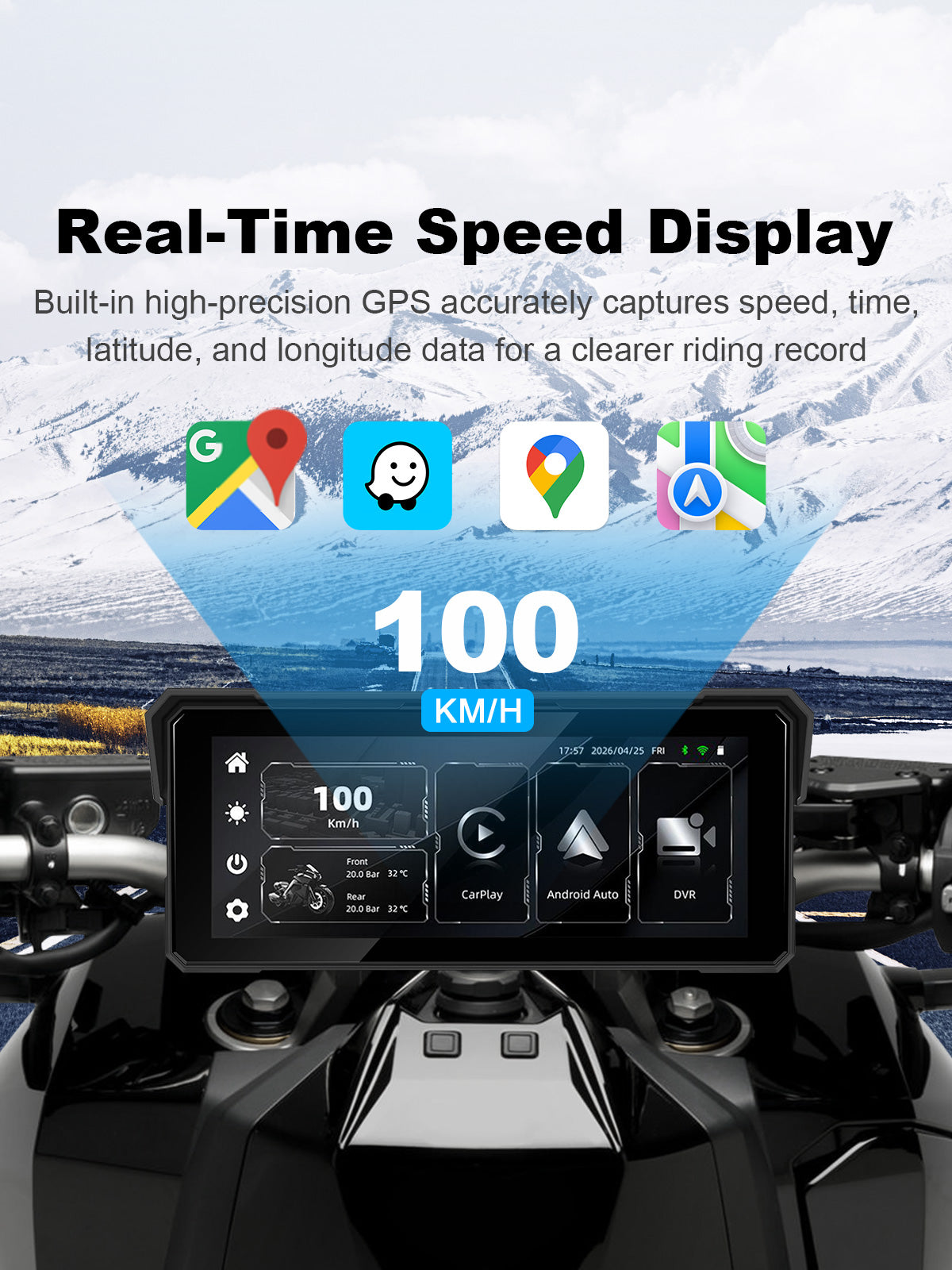 Linkifun MT81 motorcycle navigation screen showing real-time GPS speed, time, latitude, and longitude data