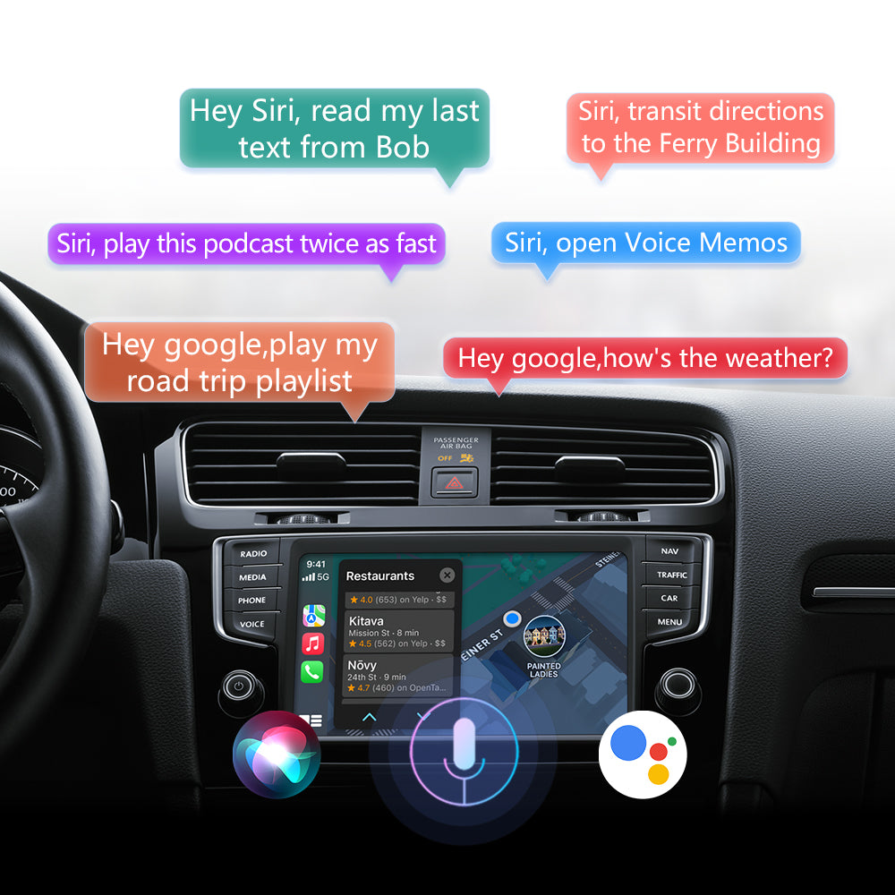 Driver utilizing 'Hey Siri' and 'Hey Google' for voice commands through the Linkifun RGB adapter in a car.