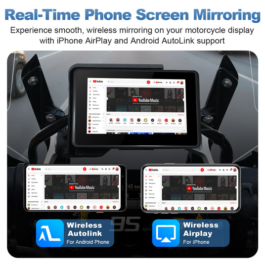 Real-time wireless screen mirroring on a BMW motorcycle smart display using iPhone AirPlay and Android AutoLink