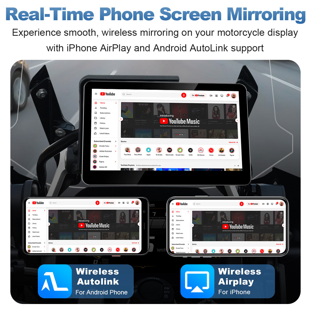 Linkifun™ MT3 Pro 5" & MT13 Pro 6.2" Android Motorcycle Smart Display for BMW Motorcycles – Wireless CarPlay & Android Auto, Screen Mirroring