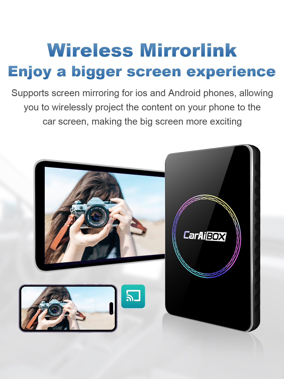 Linkifun C2 RGB Android 13 Smart AI Box Wireless CarPlay and Android Auto Adapter with effortless phone screen sharing for iPhone and Android devices