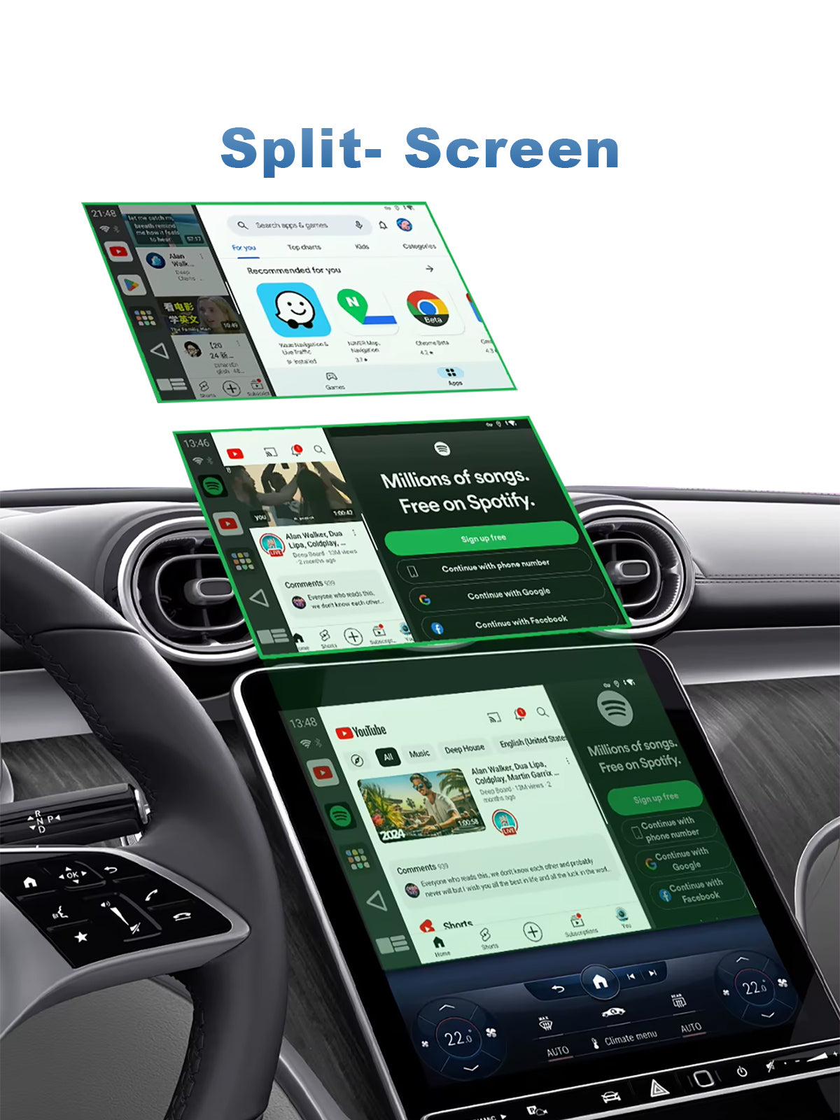 Linkifun C2 RGB Android 13 Smart AI Box Wireless CarPlay and Android Auto Adapter with split-screen display for navigation and entertainment apps simultaneously