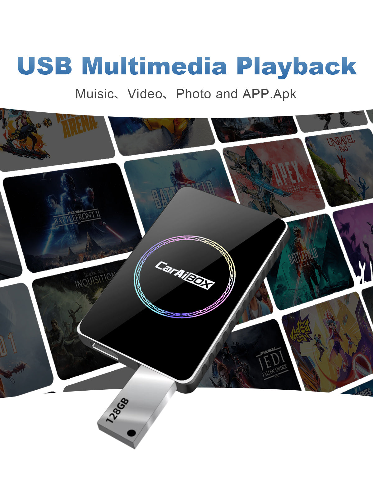 Linkifun C2 RGB Android 13 Smart AI Box Wireless CarPlay and Android Auto Adapter with USB drive and TF card reader playback for movies, music, and shows