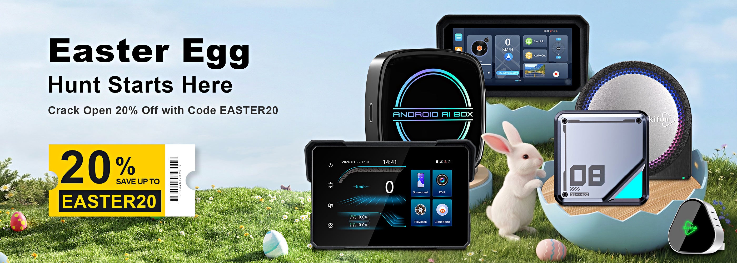Linkifun Easter Sale desktop banner with EASTER20 code for 20% off motorcycle CarPlay and smart display products