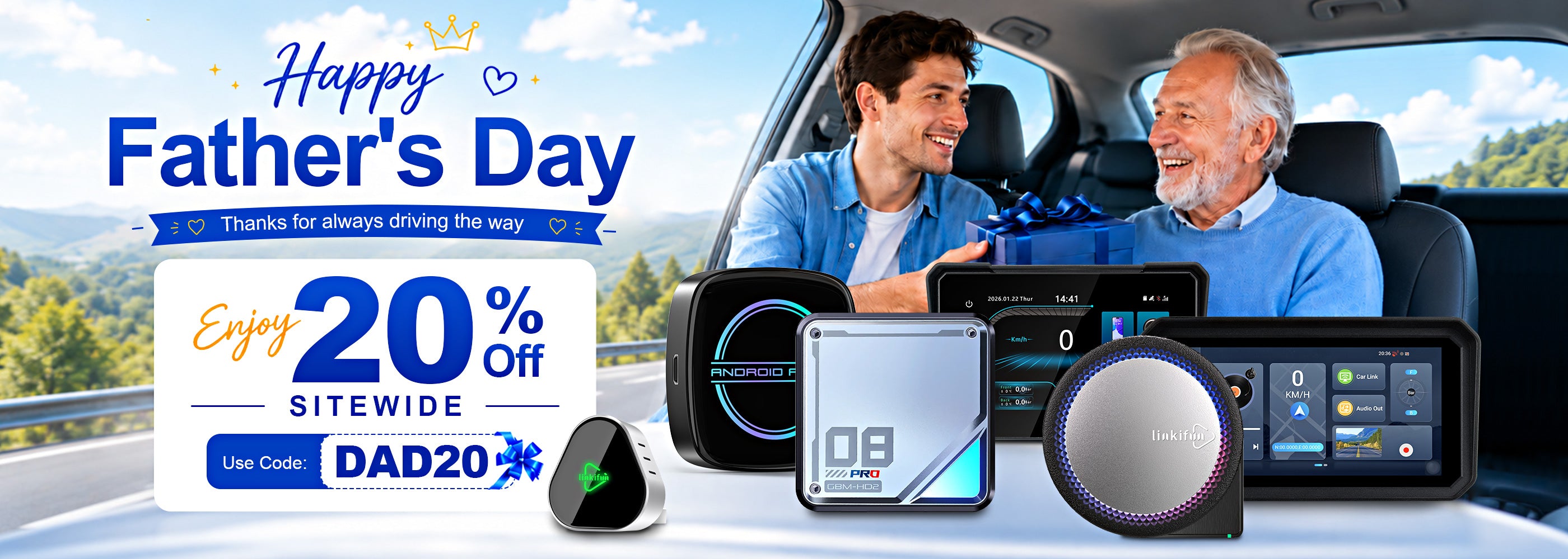 Linkifun Father's Day sale banner featuring car AI boxes, motorcycle screens, and 20% off sitewide promotion with code DAD20