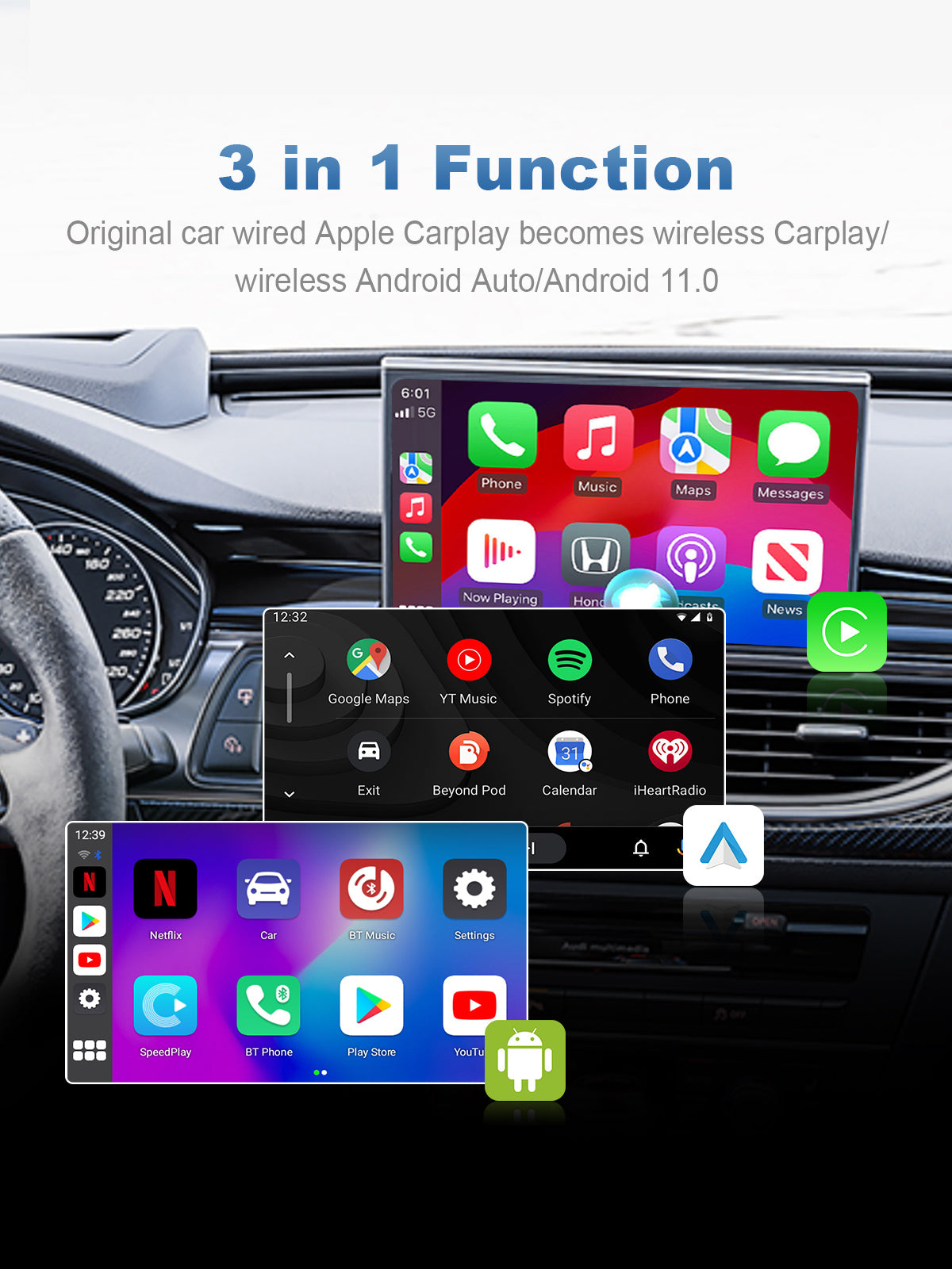 Linkifun GT5 RGB Android 11 Smart AI Box Wireless CarPlay and Android Auto Adapter with versatile 3-in-1 system including wireless CarPlay, wireless Android Auto, and Android 11 OS