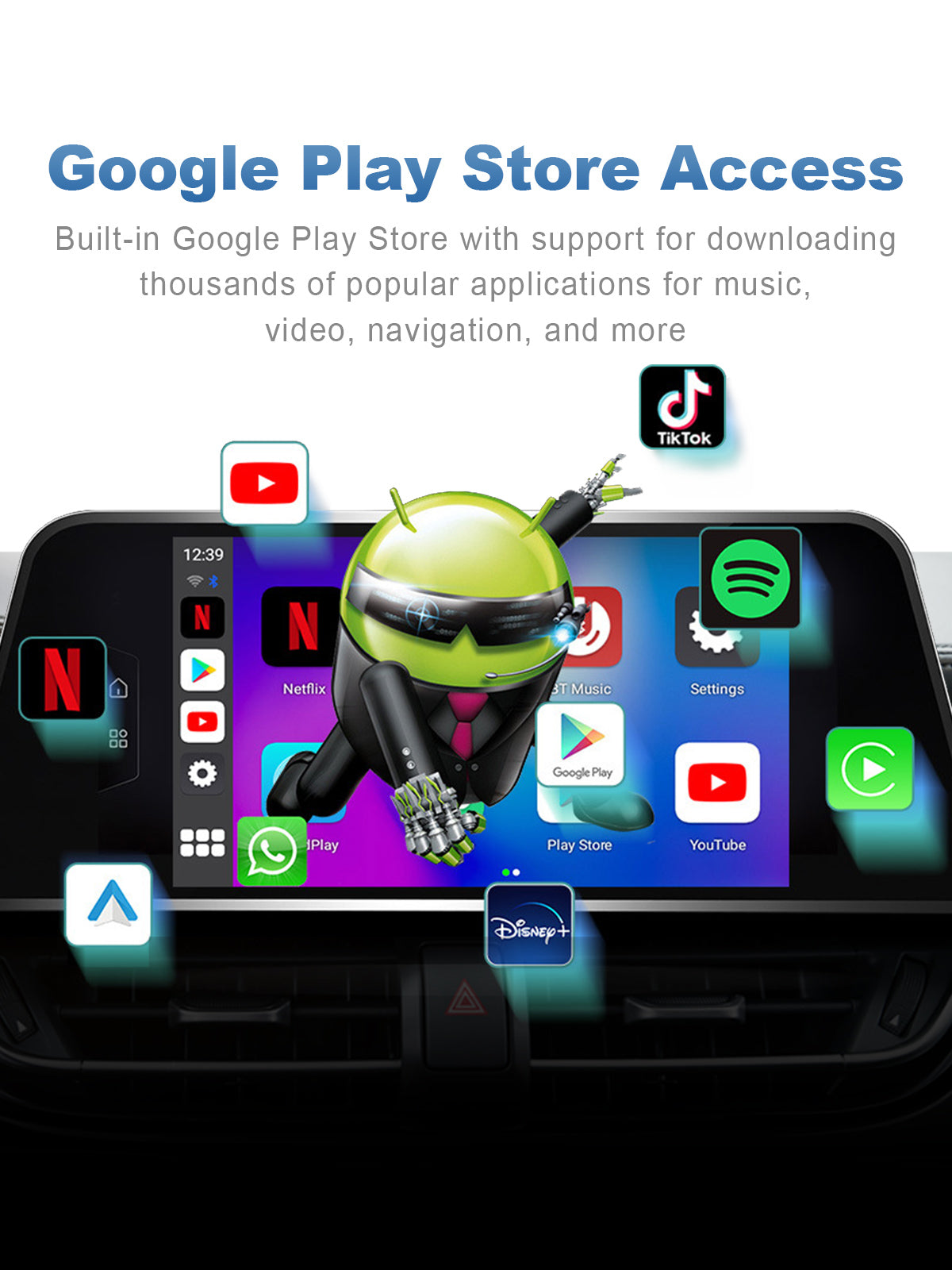 Linkifun GT5 RGB Android 11 Smart AI Box Wireless CarPlay and Android Auto Adapter with Google Play Store access for downloading apps like Spotify, Google Maps, YouTube, and Netflix