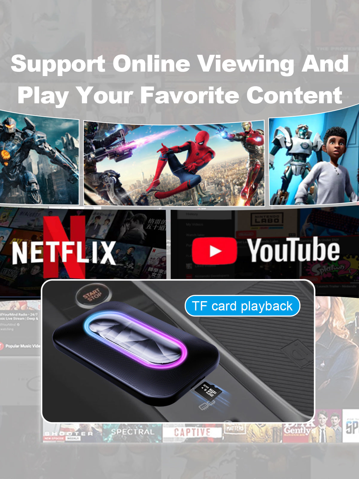 Linkifun GT5 RGB Android 11 Smart AI Box Wireless CarPlay and Android Auto Adapter with TF card support for direct movie playback and in-car cinematic experience