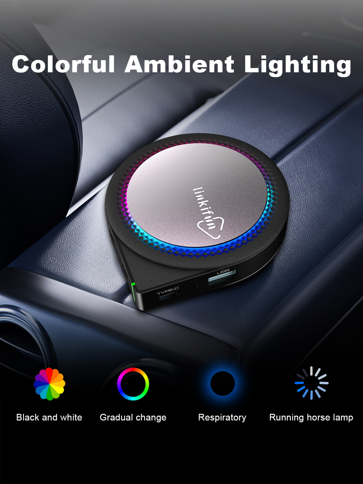 Linkifun GT6 Pro Android 13 Smart AI Box Wireless CarPlay and Android Auto Adapter with customizable ambient lighting feature