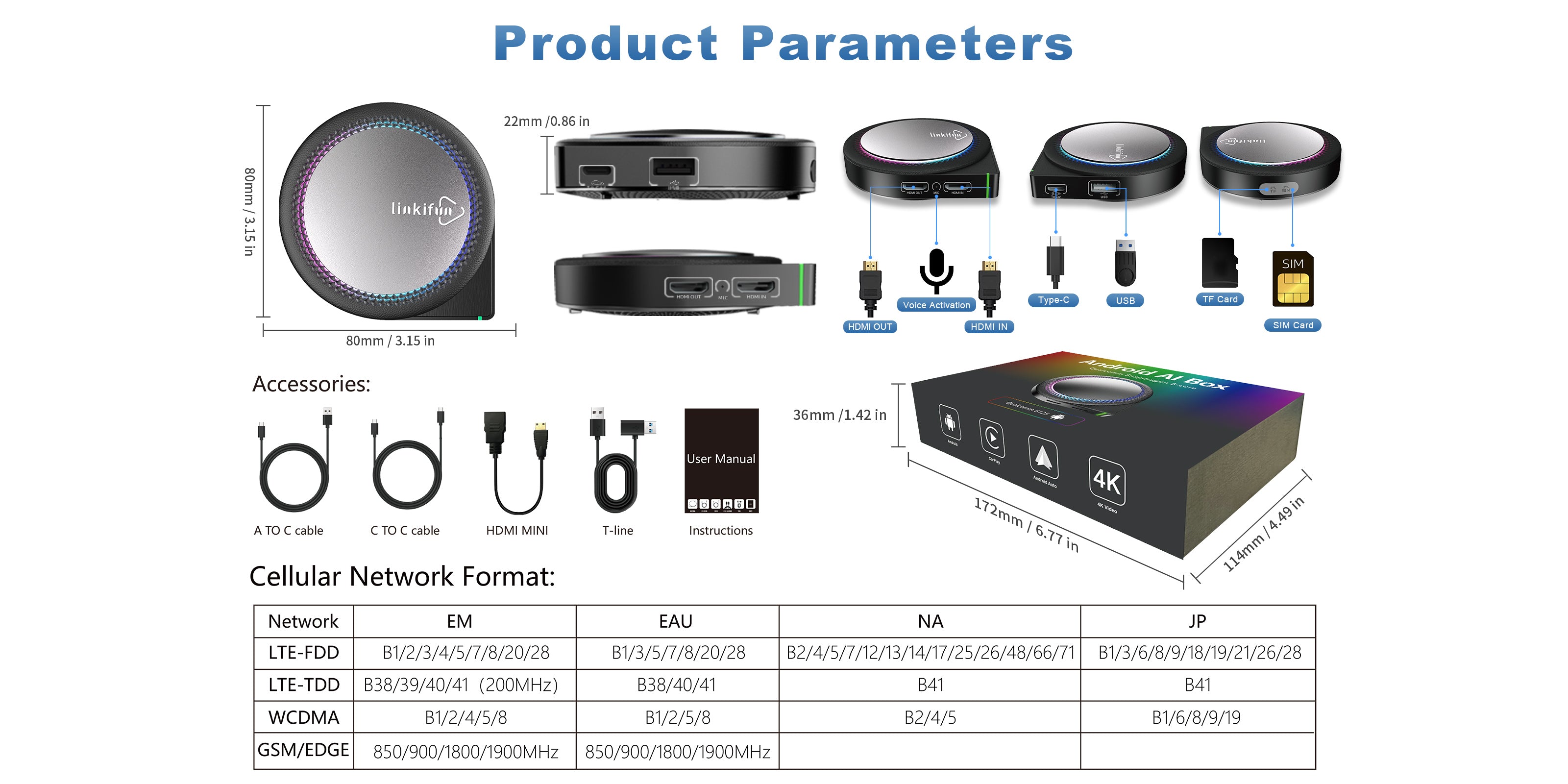 Linkifun GT6 Pro Android 13 Smart AI Box Wireless CarPlay and Android Auto Adapter with 4G network, GPS, YouTube, Netflix, ambient lighting, product parameters and dimensions mobile view