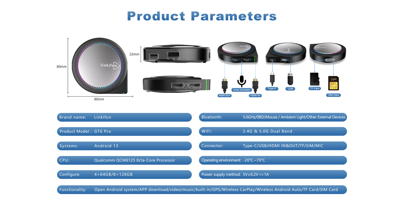 Linkifun GT6 Pro Android 13 Smart AI Box Wireless CarPlay and Android Auto Adapter with 4G network, GPS, YouTube, Netflix, ambient lighting, product parameters and dimensions mobile view