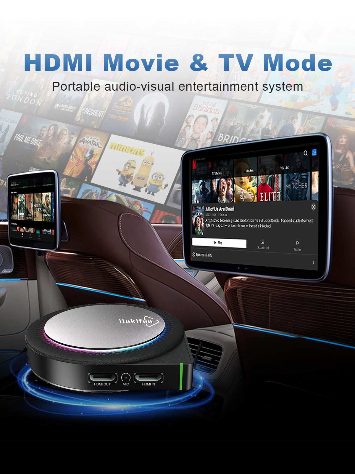 Linkifun GT6 Pro Android 13 Smart AI Box Wireless CarPlay and Android Auto Adapter with HDMI In and Out ports for connecting TVs, monitors, and external devices