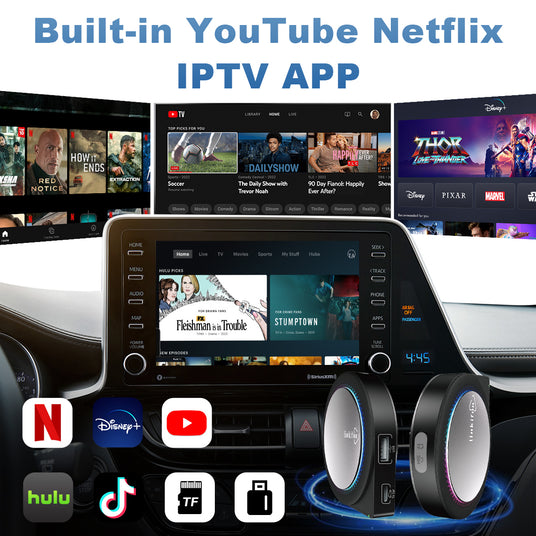 Linkifun GT6 Pro Android 13 Smart AI Box Wireless CarPlay and Android Auto Adapter with HDMI In and Out ports for connecting TVs, monitors, and external devices