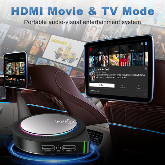 Linkifun GT6 Pro Android 13 Smart AI Box Wireless CarPlay and Android Auto Adapter with HDMI In and Out ports for connecting TVs, monitors, and external devices