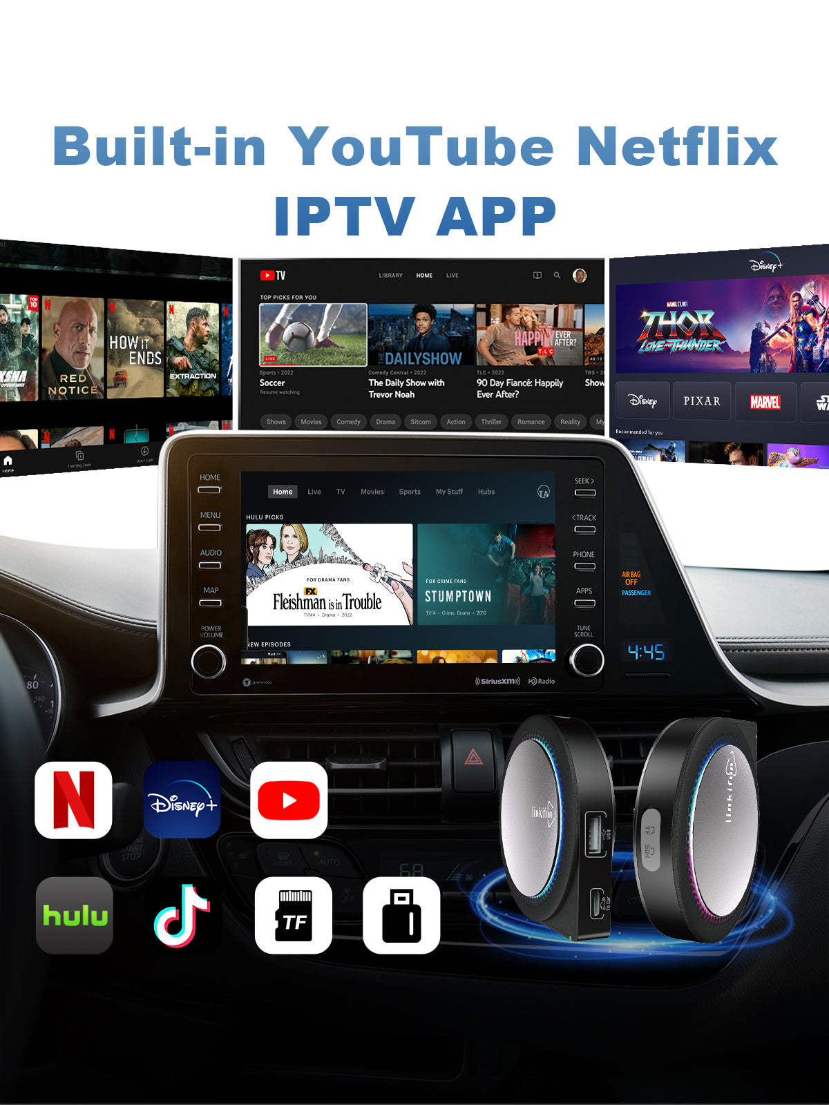 Linkifun GT6 Pro Android 13 Smart AI Box Wireless CarPlay and Android Auto Adapter with HDMI In and Out ports for connecting TVs, monitors, and external devices