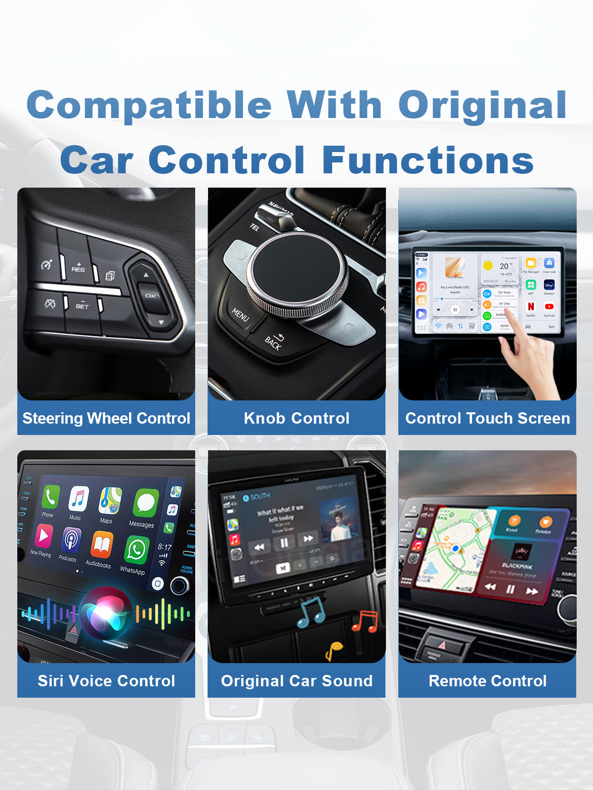 Linkifun GT6 Pro Android 13 Smart AI Box Wireless CarPlay and Android Auto Adapter with seamless upgrade while preserving original car controls including voice, steering wheel, rotary knob, and touchscreen