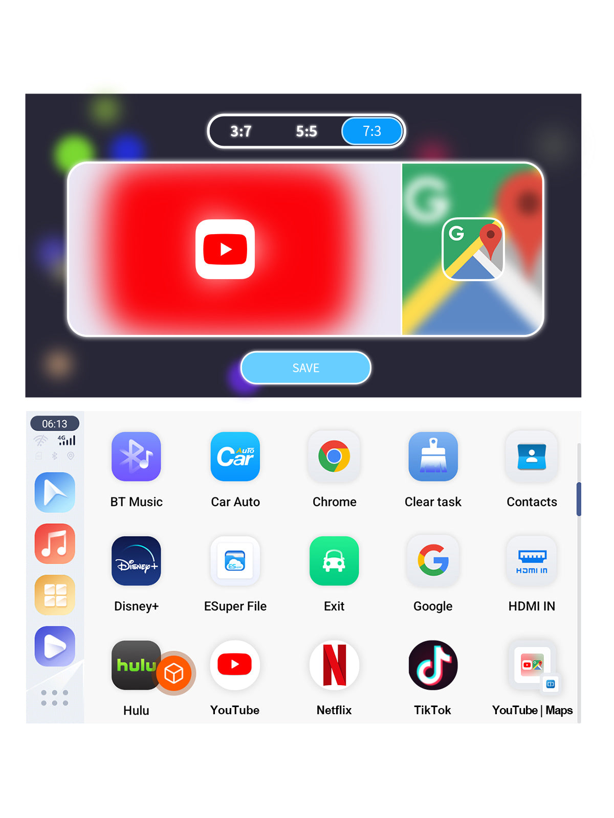 Linkifun GT6 Pro Android 13 Smart AI Box Wireless CarPlay and Android Auto Adapter with split-screen multitasking and customizable presets