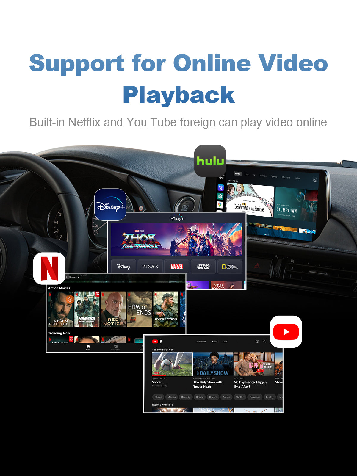 Linkifun GT7 Android 13 Smart AI Box Wireless CarPlay and Android Auto Adapter with built-in entertainment apps including YouTube, Netflix, Hulu, and Disney+ for in-car streaming and video playback