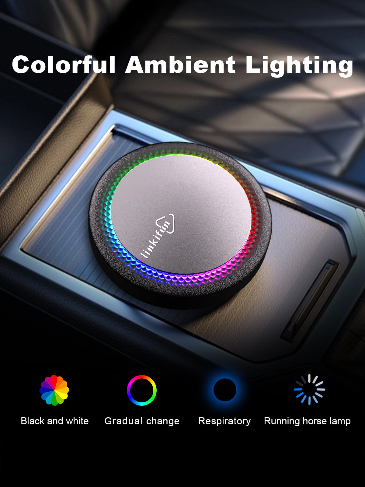 Linkifun GT7H Android 13 Smart AI Box Wireless CarPlay and Android Auto Adapter with customizable ambient lighting modes including breathing gradient, monochrome, and running horse lamp