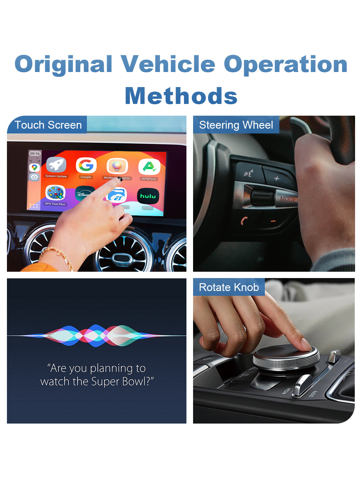 Linkifun GT7H Android 13 Smart AI Box Wireless CarPlay and Android Auto Adapter with seamless upgrade while preserving original controls like touchscreen, voice assistant, steering wheel, and rotary knob