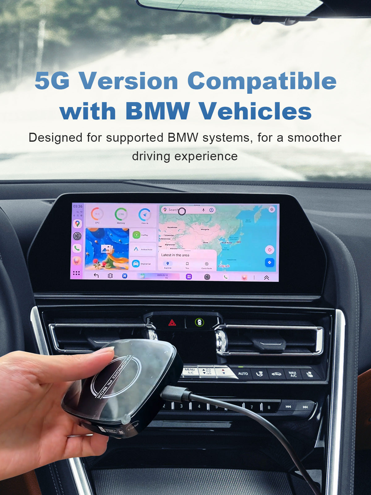 Linkifun GT8D 5G AI Box connected to a compatible BMW vehicle with factory wireless CarPlay