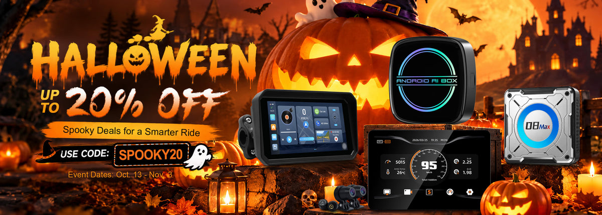 Linkifun Halloween Sale 2026 banner featuring motorcycle navigation displays and CarPlay AI boxes, with up to 20% off using code SPOOKY20, October 13–November 3.