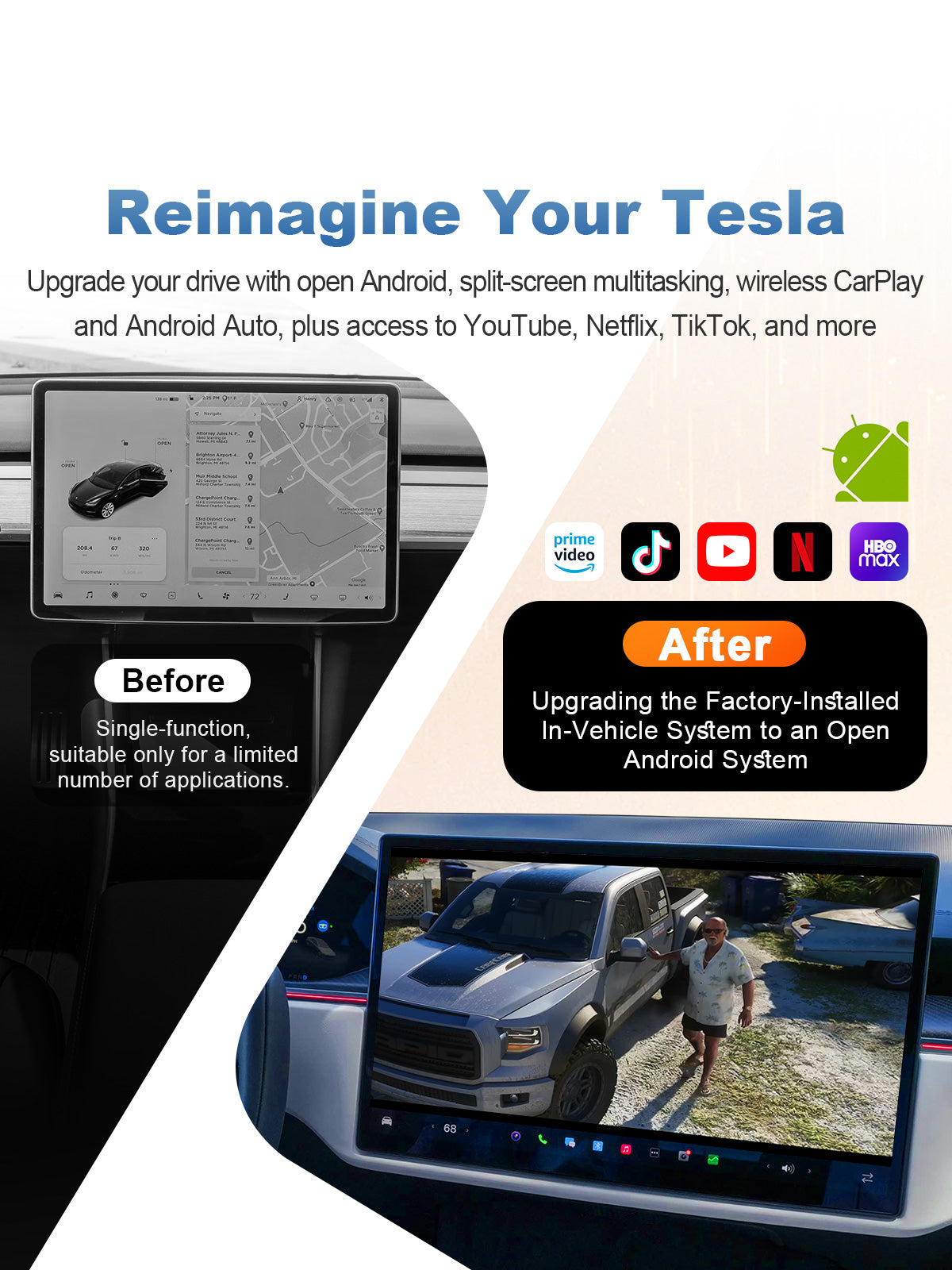 Linkifun L10 Tesla Android 13 AI Box with Google Play support, open Android system, YouTube, Netflix, TikTok, Spotify, and Google Maps apps
