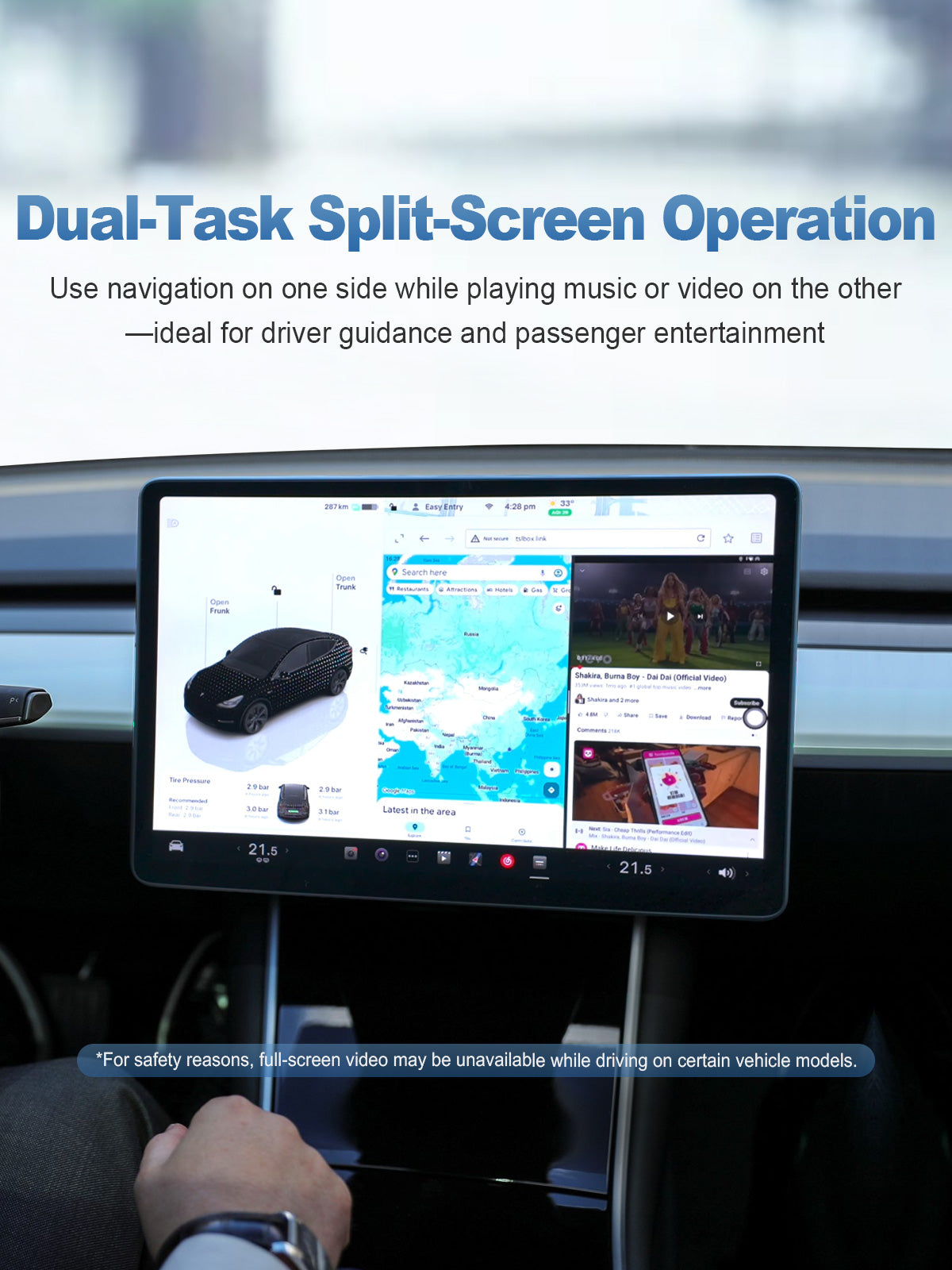 Linkifun L10 Tesla Android 13 AI Box with split-screen multitasking for navigation, music, video, and in-car entertainment