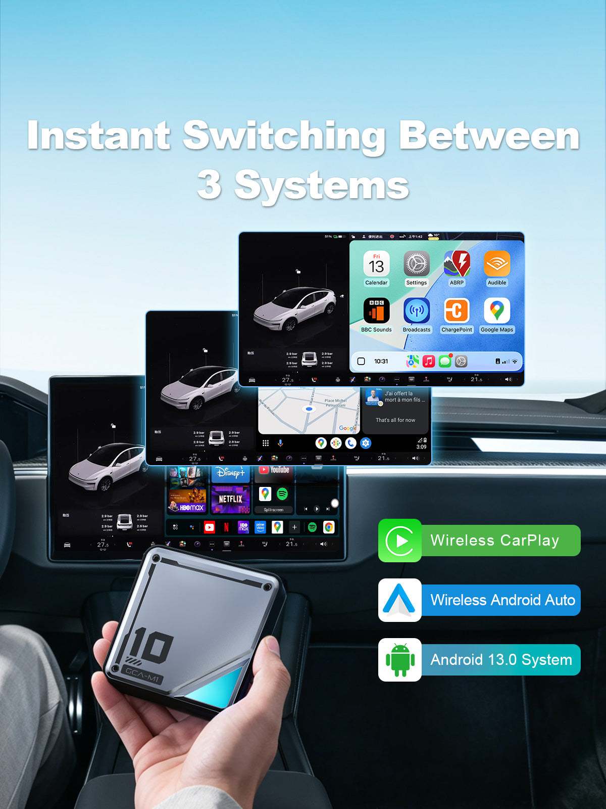 Linkifun L10 Tesla Android 13 AI Box with wireless CarPlay, wireless Android Auto, and 3-system switching