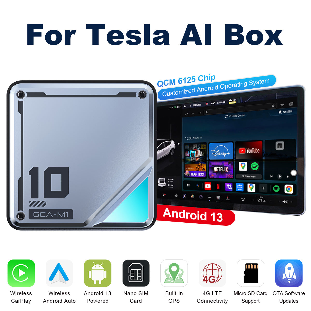 AI Box Linkifun™ L10 con Android 13 per Tesla – supporto a CarPlay e Android Auto wireless – Google Play, Google Maps, scheda SIM e collegamento plug-and-play