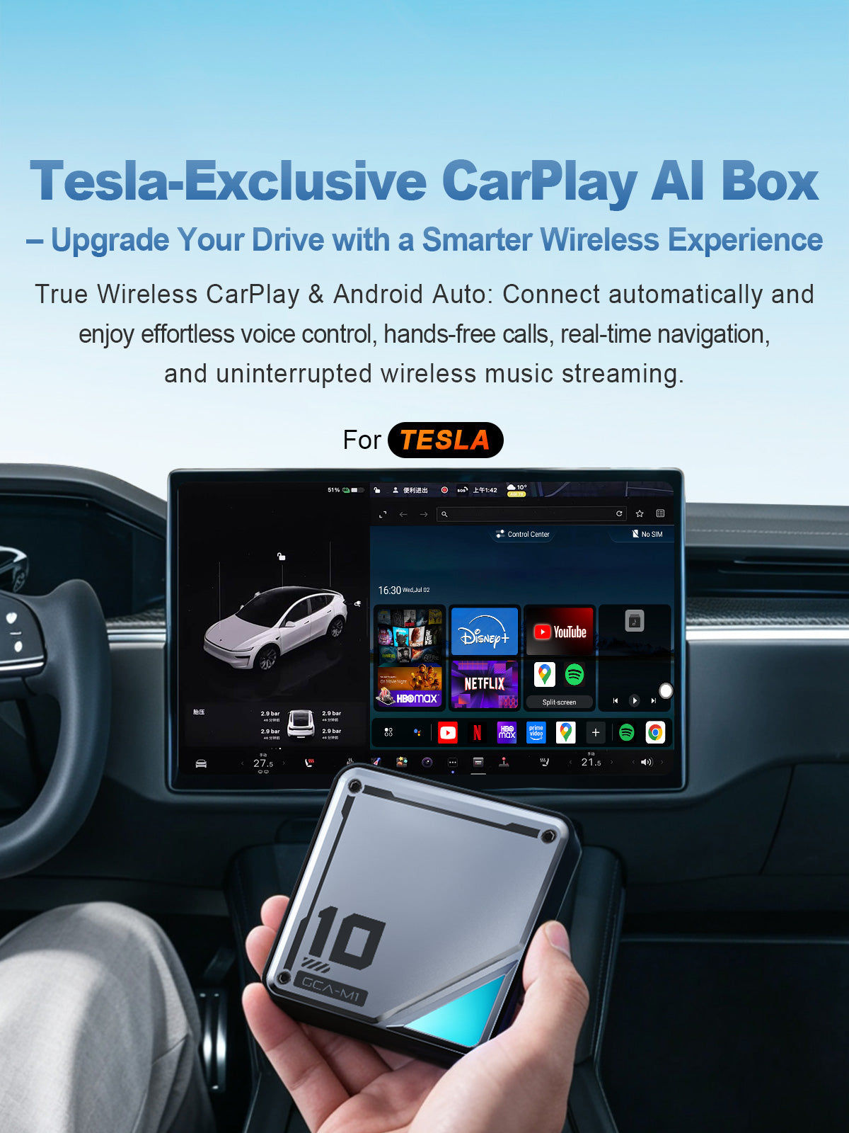 Linkifun L10 Android 13 AI Box for Tesla with wireless CarPlay, wireless Android Auto, navigation, music streaming, and hands-free calls