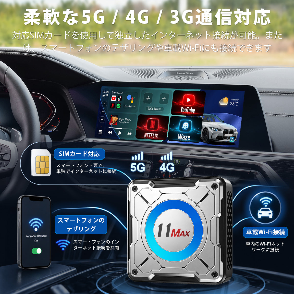 Linkifun™ L11 Max Android 16 boîtier d’IA intelligente|compatible avec CarPlay sans fil / Android Auto・compatible avec Google Play・GPS intégré・8 Go de RAM + 128 Go de ROM・écran partagé・équipé d’un ventilateur de refroidissement silencieux
