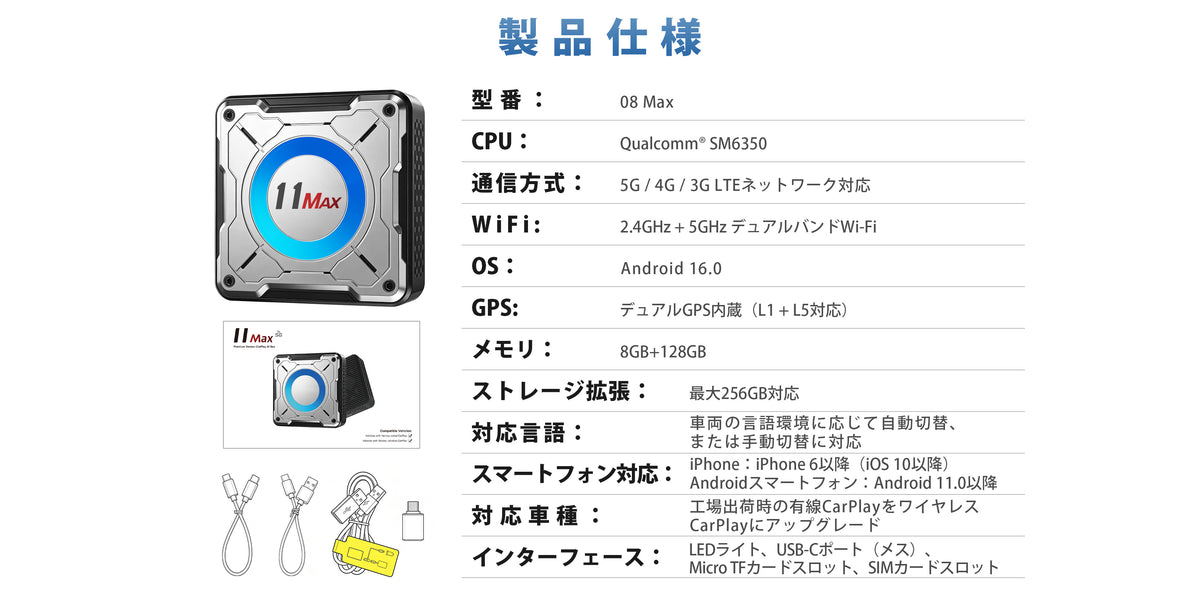 Linkifun L11 Max Android 16 AI Box specifications for desktop display, featuring wireless CarPlay, Android Auto, HDMI Out, GPS, 5G/4G/3G connectivity, cooling fan, and up to 256GB storage expansion
