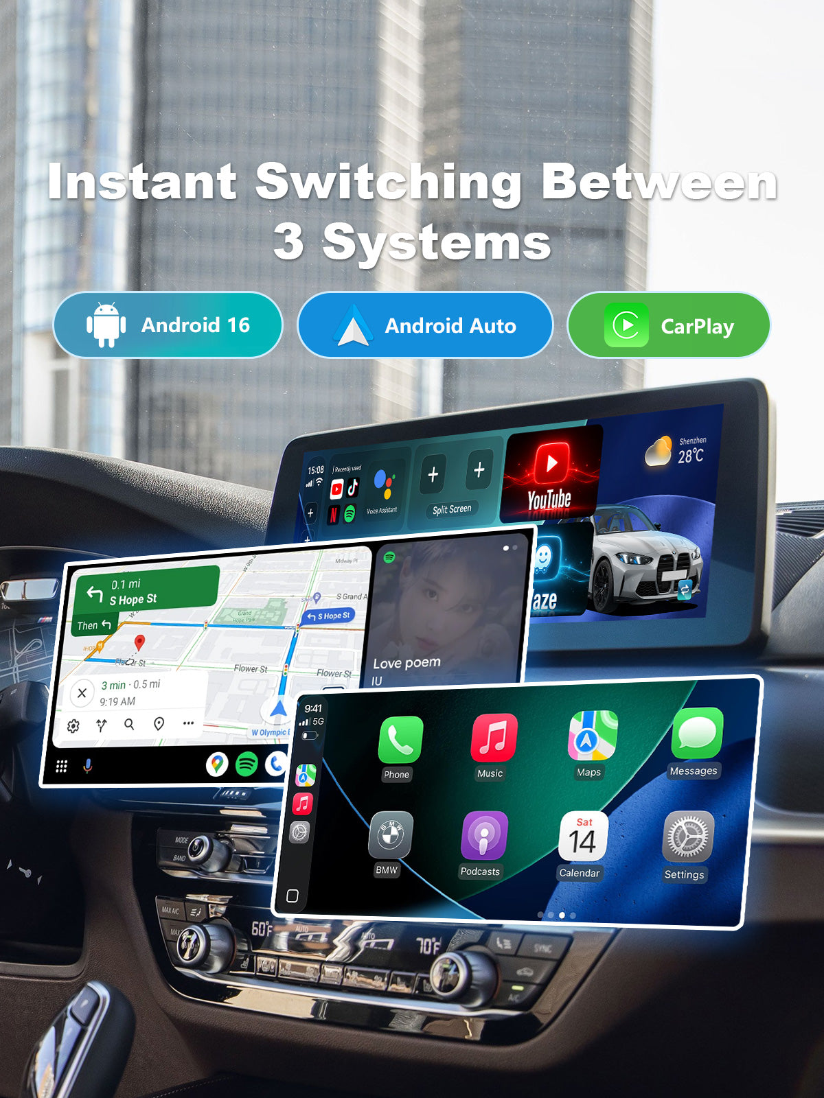 Linkifun L8 Max Android 16 AI Box for BMW with seamless switching between Android 16, Wireless CarPlay and Android Auto systems