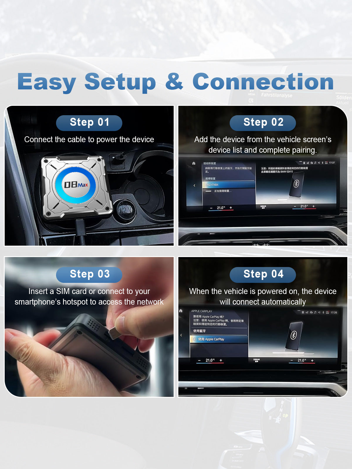 Linkifun L8 Max BMW Android AI Box installation guide showing cable connection, BMW pairing setup, SIM card or hotspot connection, and automatic wireless CarPlay connection