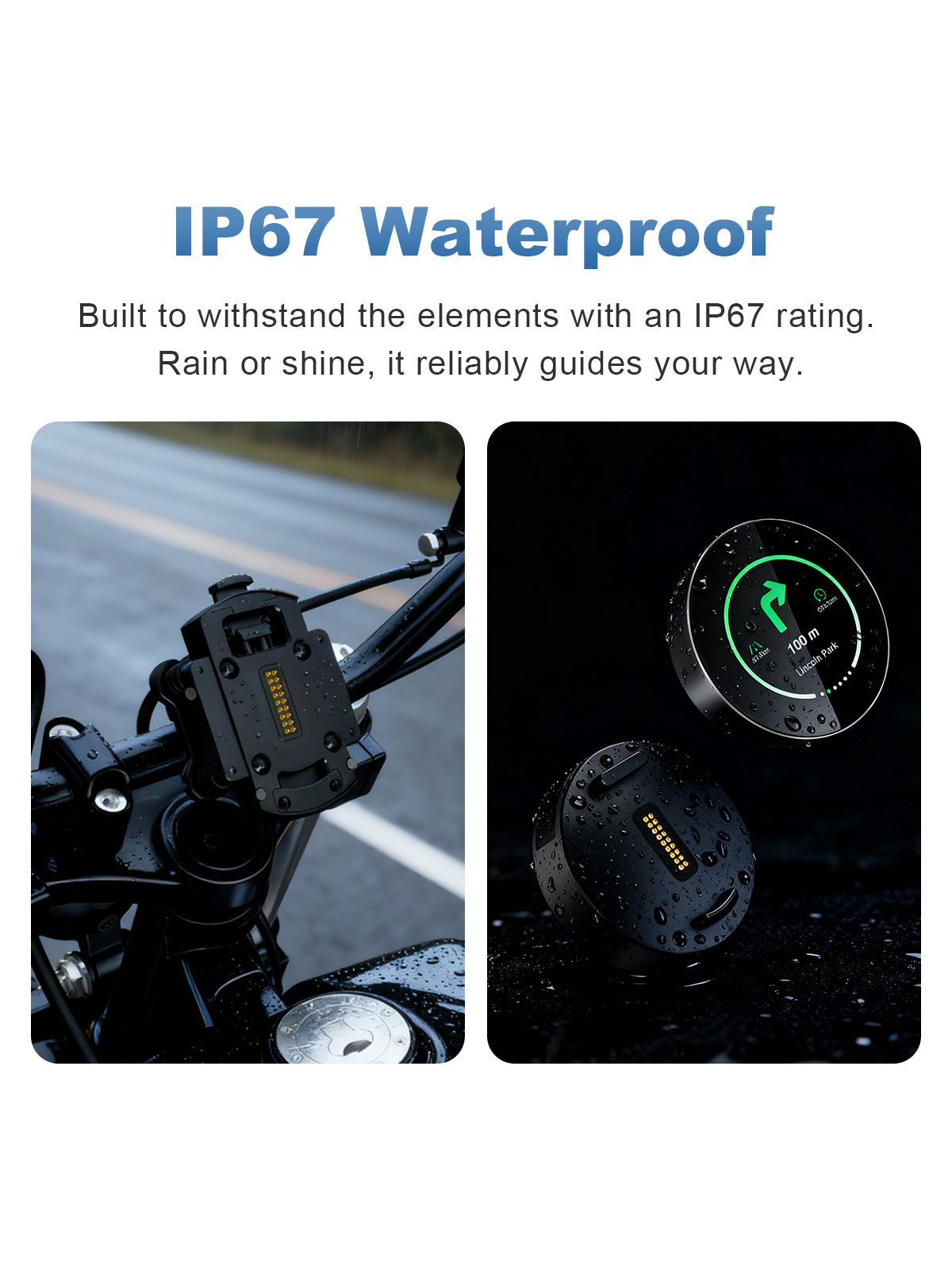 Linkifun M0 motorcycle GPS navigator with IP67 waterproof design for reliable navigation in rain and harsh riding conditions.
