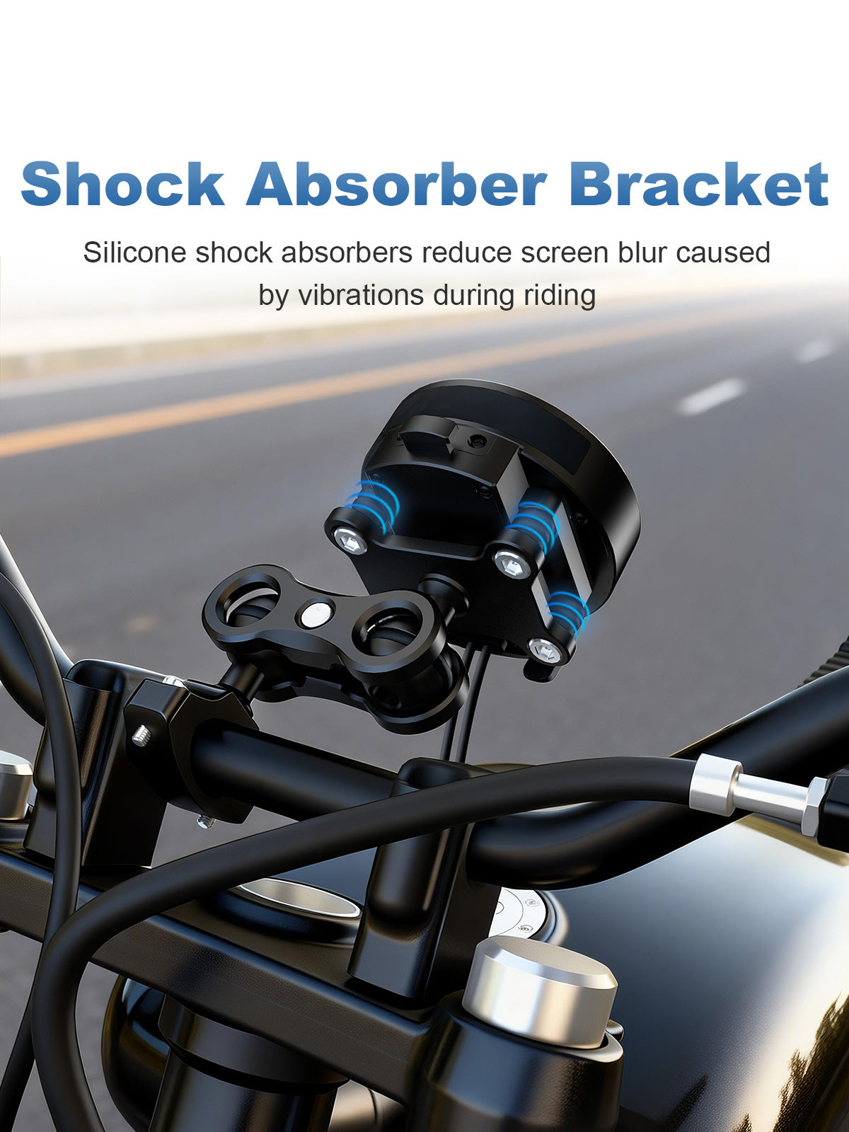 Linkifun M0 motorcycle GPS navigator shock-absorbing mount with silicone dampers to reduce vibration during riding.