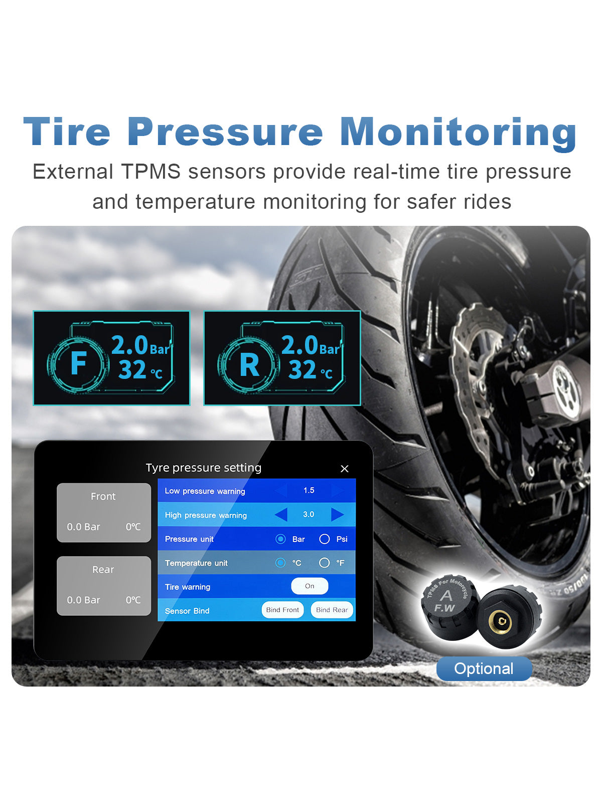 Linkifun motorcycle display with external TPMS sensors showing real-time tire pressure and temperature monitoring