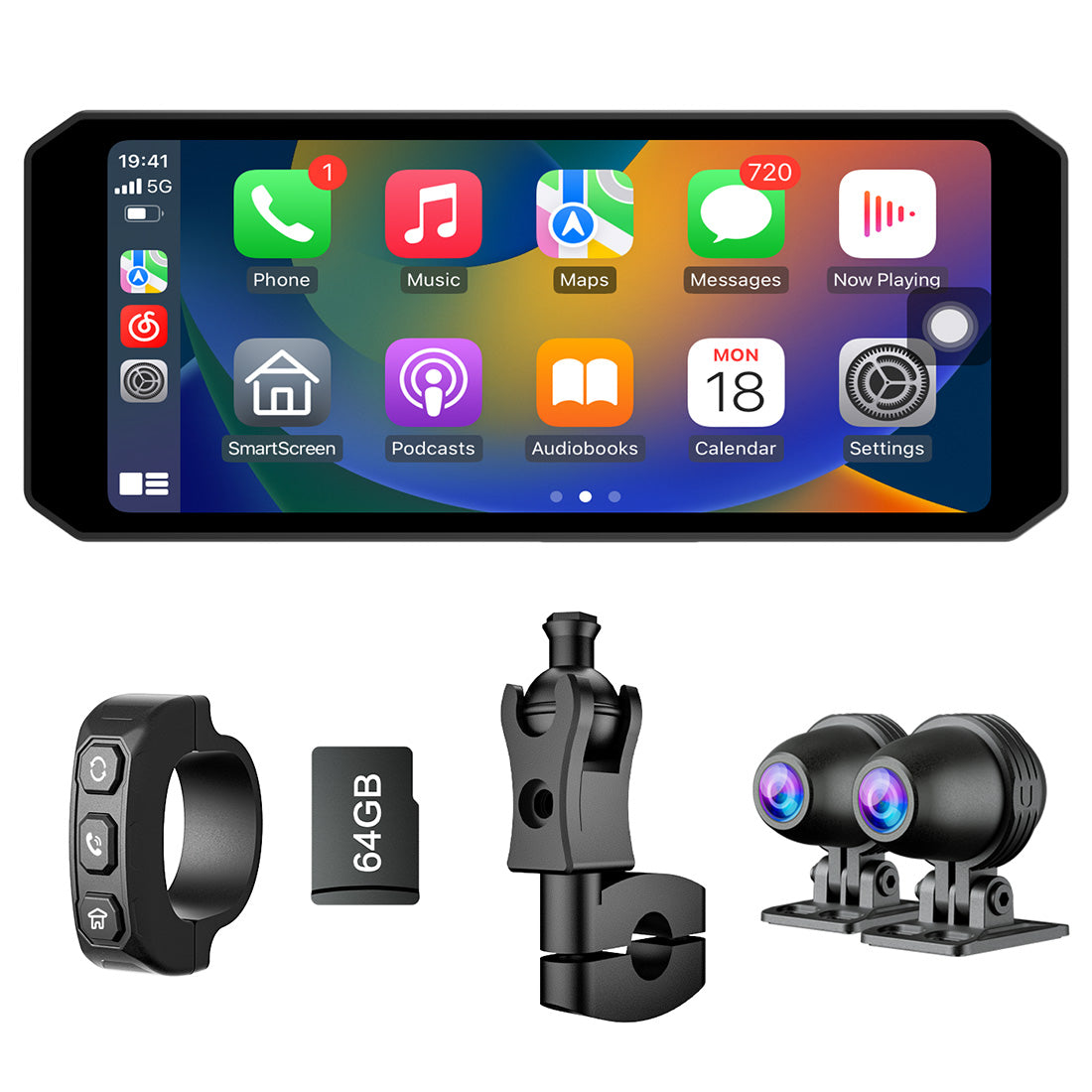 Linkifun™ MT7 Motorcycle Dash Cam with 6.86" Touchscreen, Wireless CarPlay/Android Auto, Front & Rear View, Bluetooth Tire Pressure Monitoring, Portable & Waterproof