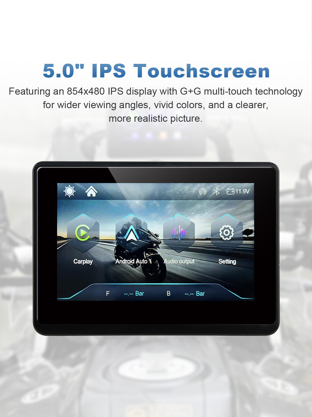 Linkifun MT1 5-inch motorcycle navigation display with 854×480 IPS touchscreen, G+G multi-touch technology, wide viewing angles, and vivid colors