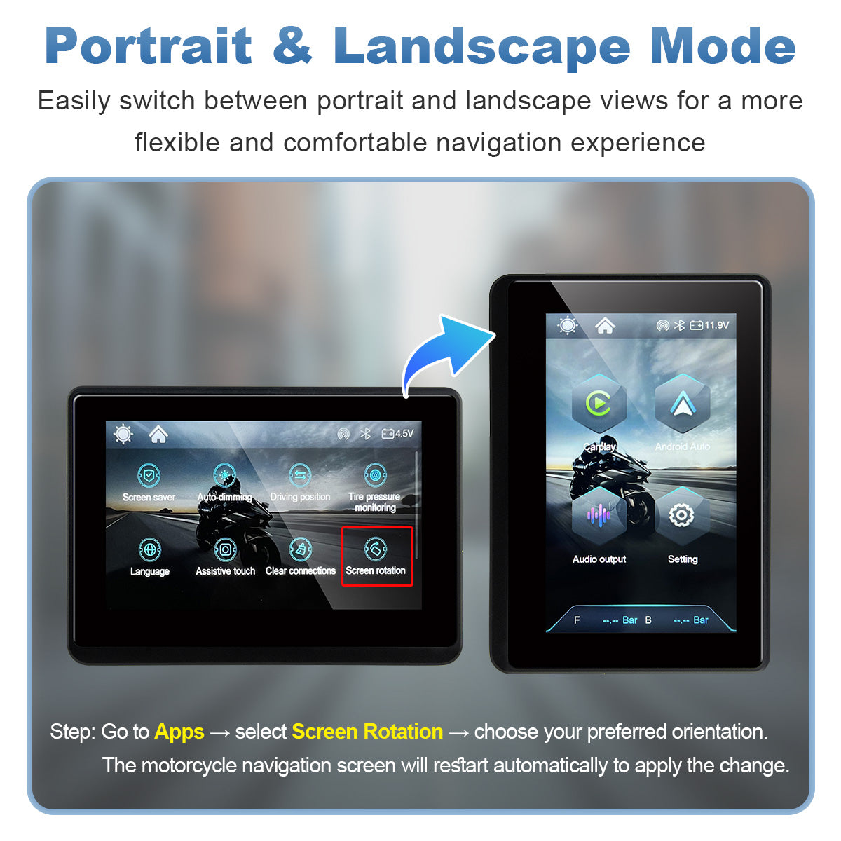 Linkifun™ MT1 5" Motorcycle Navigation Display with Wireless CarPlay & Android Auto, Portrait/Landscape Rotation, 800-Nit IPS, Optional TPMS & IP67
