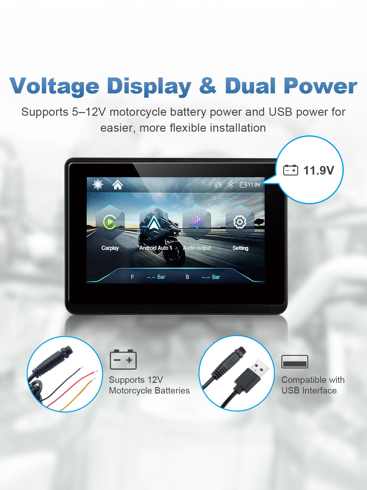 Linkifun MT1 5-inch motorcycle navigation display with voltage display, supporting 5–12V motorcycle battery power and USB power input for flexible installation