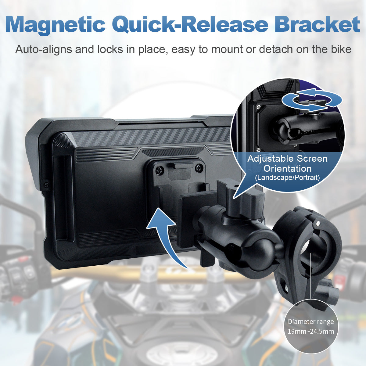 Linkifun MT10 motorcycle navigation screen with magnetic quick-release mount, enabling fast screen removal and effortless portrait or landscape adjustment.