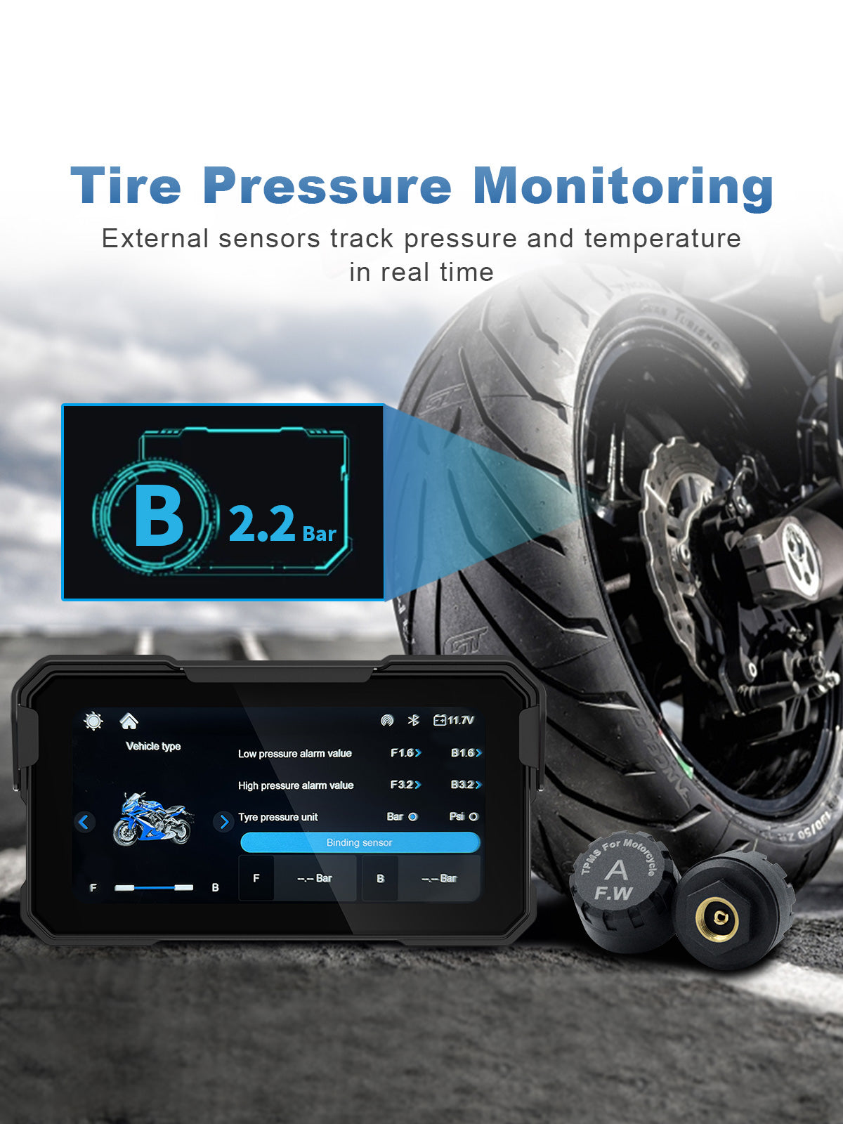 MT10 motorcycle navigation screen with optional TPMS sensors for real-time tire pressure and temperature monitoring.