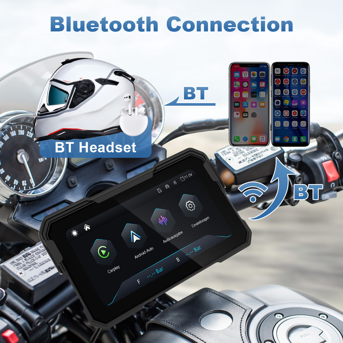 Linkifun MT10 motorcycle navigation screen with single Bluetooth 5.0 connection for wireless CarPlay and Android Auto