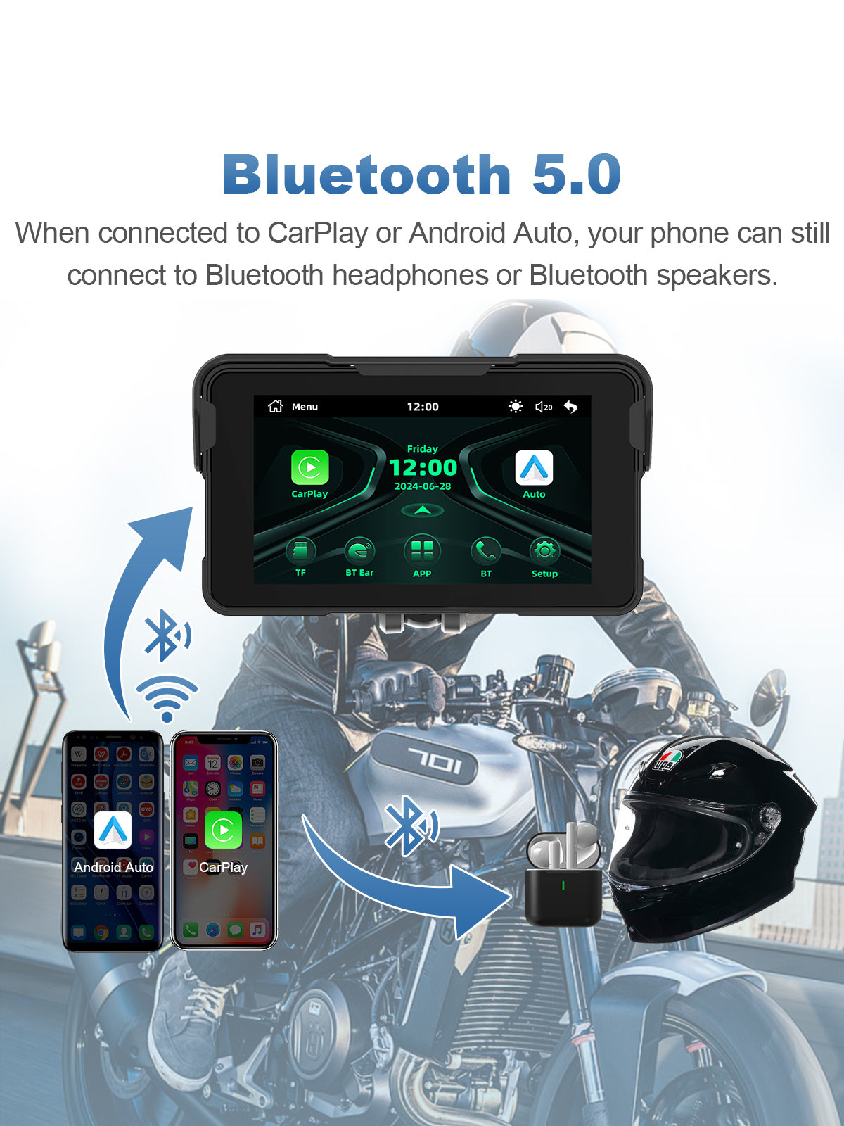 Linkifun MT11 5 inch motorcycle navigation screen with Bluetooth wireless audio connection for smartphone and headset