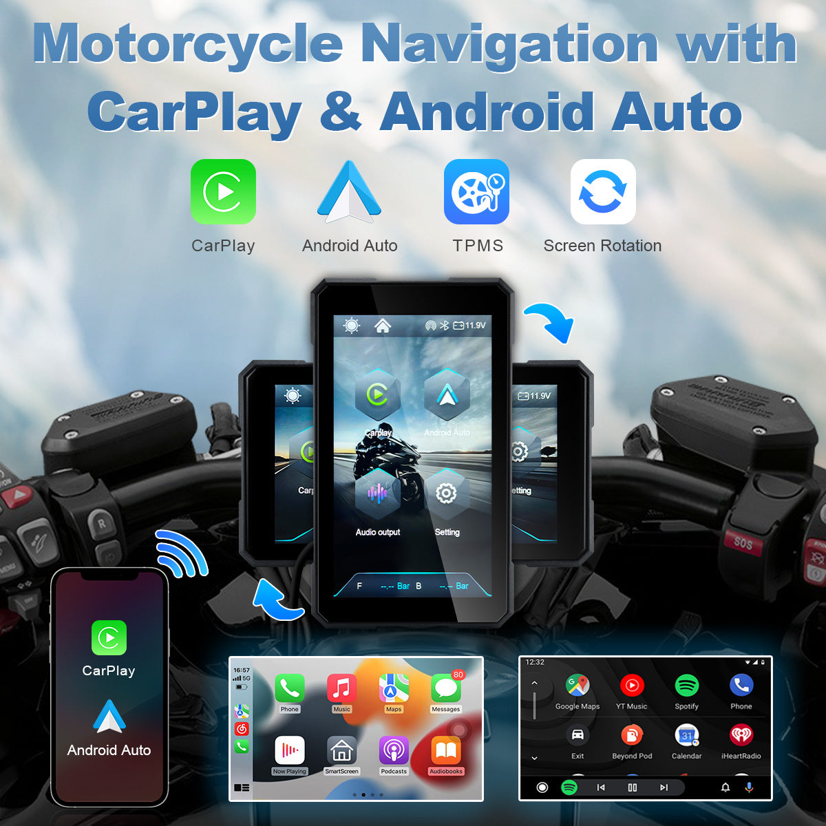 Linkifun™ MT11B 5" Motorcycle Navigation Screen with Wireless CarPlay & Android Auto, Portrait & Landscape Mode, Quick-Release Bracket, Single Bluetooth, Optional TPMS