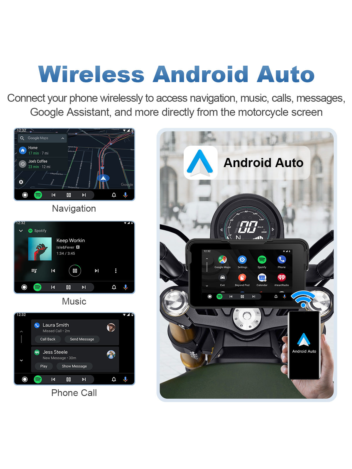 Linkifun MT11C motorcycle navigation screen with wireless Android Auto for Google Maps, music, calls, notifications, and Google Assistant
